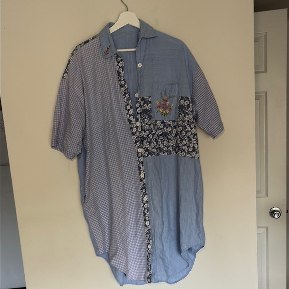 Homemade Patchwork Button Up Dress Embroidered - image 1